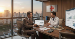 reuniao-medica-em-sala-com-graficos-e-maquete